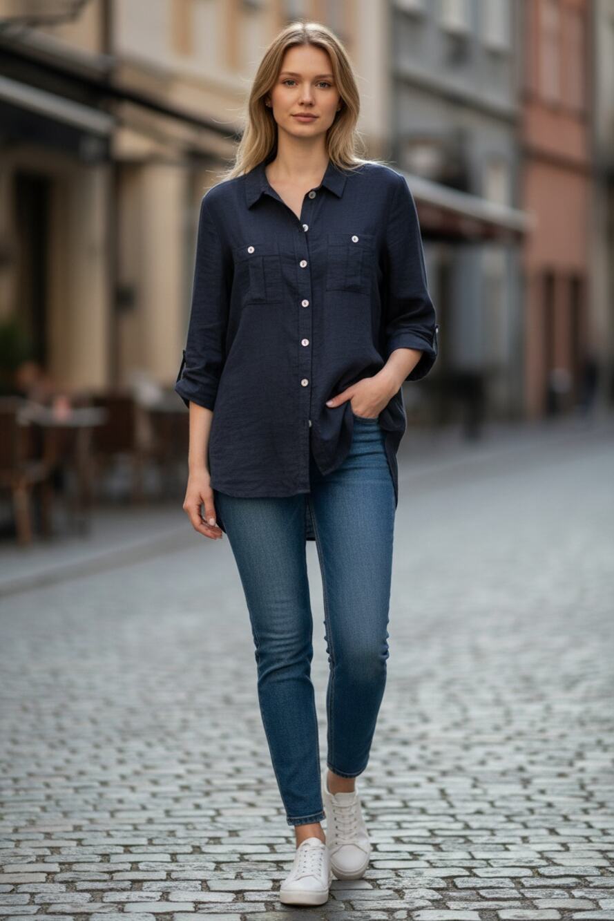 Anne Fontaine Navy Tunic Shirt FR 42 US 10 Linen Blend Roll Tab Sleeves